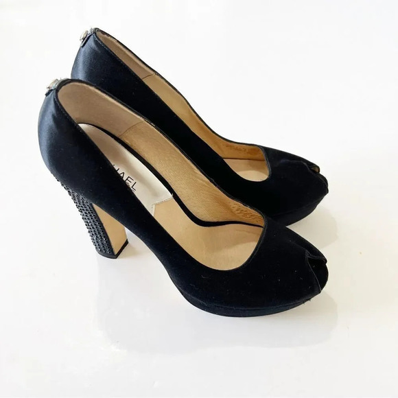 Michael Michael Kors Black Satin Peep Toe Platform Heels Size 8 Pleasers Studded - Picture 5 of 13